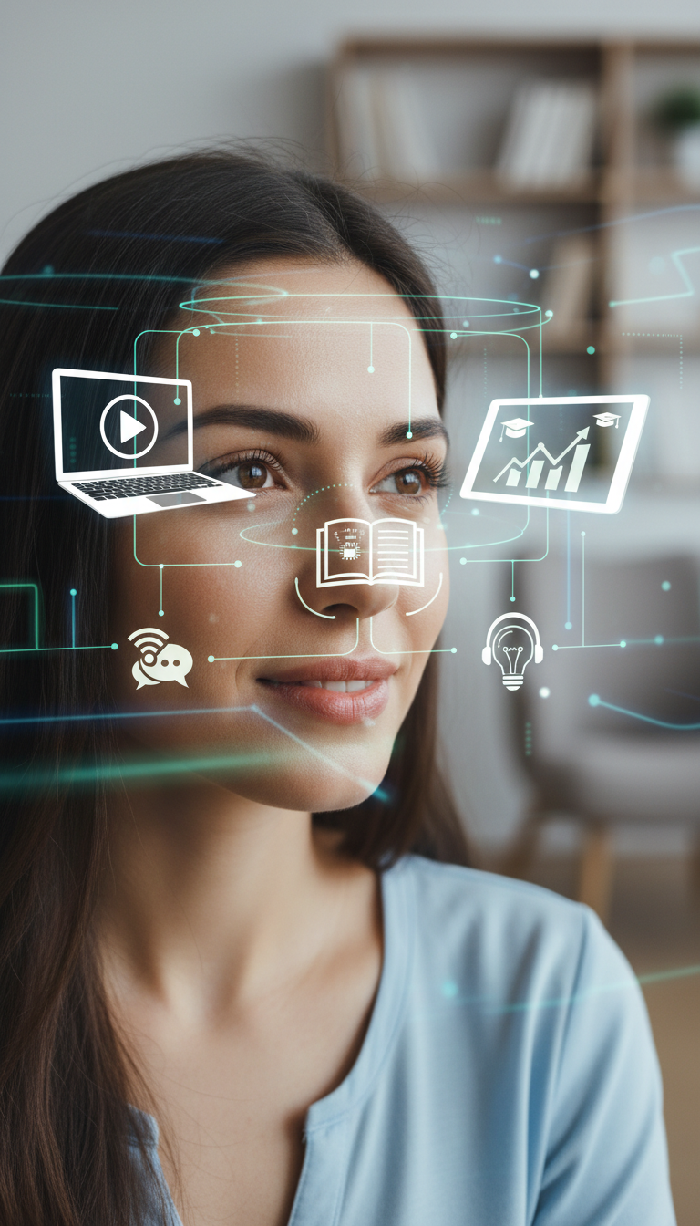 Una imagen que muestre el rostro de una mujer y que incluya elementos visuales relacionados con cursos digitales, como una computadora portátil, una tablet o iconos de educación en línea.